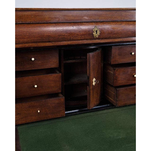 Secretary with 4 Drawers in Polished Oak and Green Felt Cloth with Brass Handles For Sale - Image 6 of 14