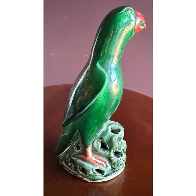Chinese Import Vintage Antique Ceramic Parrots With Beautiful Green Glaze. 8” Tall. Late 19th Early 20th Century, Approx. Quing Dynasty? For Sale - Image 10 of 11