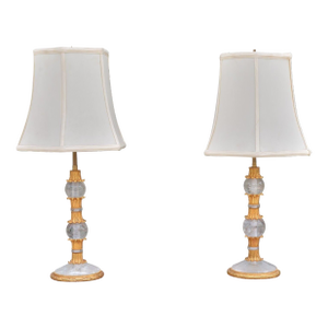 Pair of Hollywood Regency Style, Gilt Metal, Rock Crystal, Table Lamps, France, 1940s