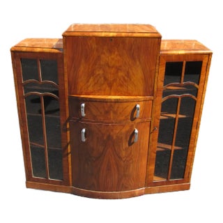 1920s English Art Deco Side by Side Desk Bookcase Cabinet With Hidden Chair For Sale