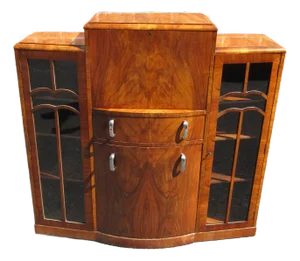 1920s English Art Deco Side by Side Desk Bookcase Cabinet With Hidden Chair