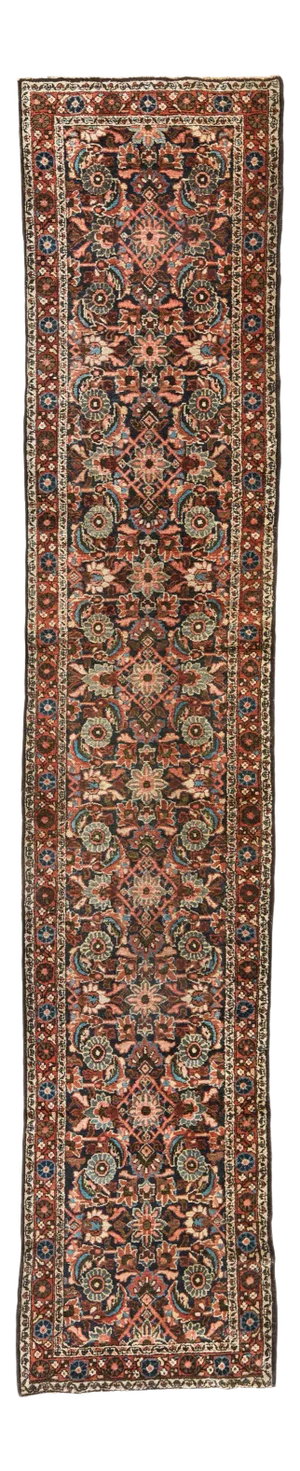 1920s-1930s Brown and Blue Persian Hamedan Runner Rug