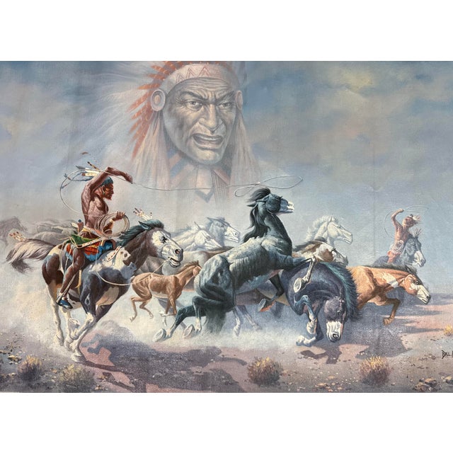 Up for sale is an original oil painting by artist Bill Larsen featuring a Native American Indian horse hunt scene. The...