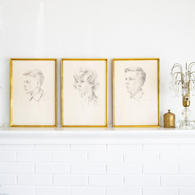 Antique White Hand Drawn Graphite Illustration Profile Portraits | Gold Framed Set of Three For Sale - Image 8 of 12