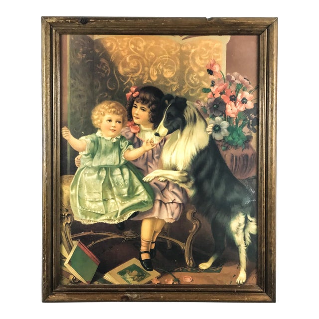 Antique Framed Print Sisters and Collie For Sale
