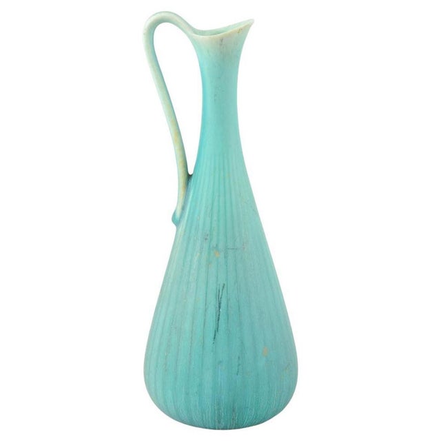 1950s Turquoise Glazed Ribbed Pitcher by Gunnar Nylund for Rörstrand, 1950s For Sale - Image 5 of 5