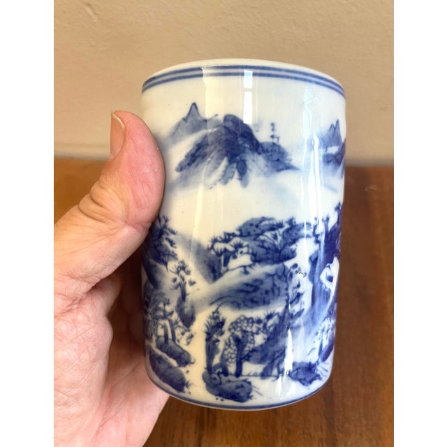 Blue Chinoiserie Blue and White Vintage Brush Pot With Traditional Hands Painted Scenery For Sale - Image 8 of 9