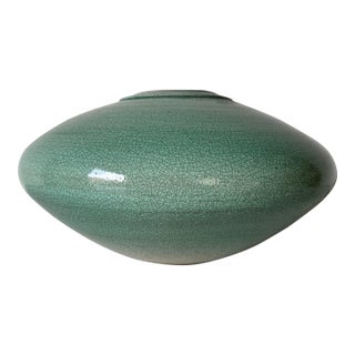 Large 1980s Green Crackled Glazed Studio Pottery Vase For Sale
