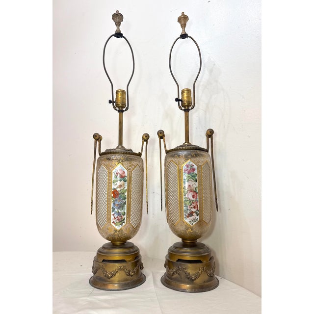 Victorian Pair of Large Antique Moser Bronze Mounted Cut to Clear Gilt Glass Table Lamps For Sale - Image 3 of 15