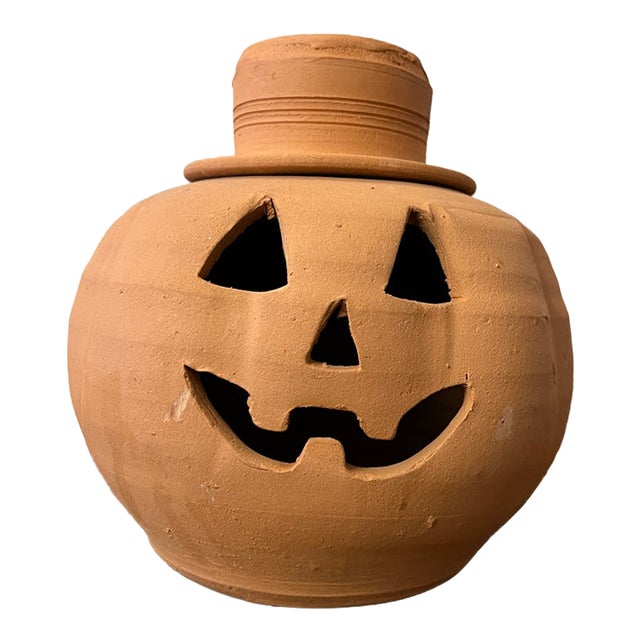 Vintage Red Clay Pumpkin With Hat For Sale