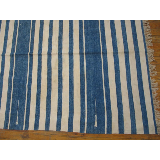 1930s Blue White Stripe Antique Indian Dhurrie Rug 7'9"x15'8" Flatweave Cotton Carpet For Sale In New York - Image 6 of 6