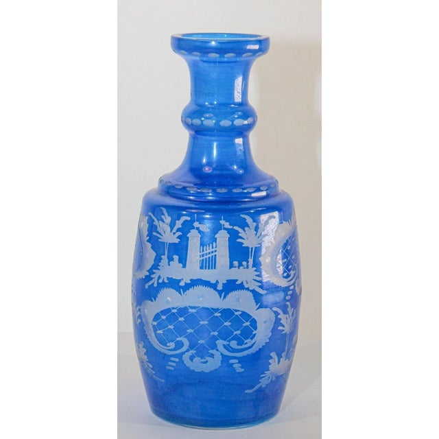Antique Bohemian Blue Engraved Glass Bottle Covered Decanter For Sale - Image 9 of 13