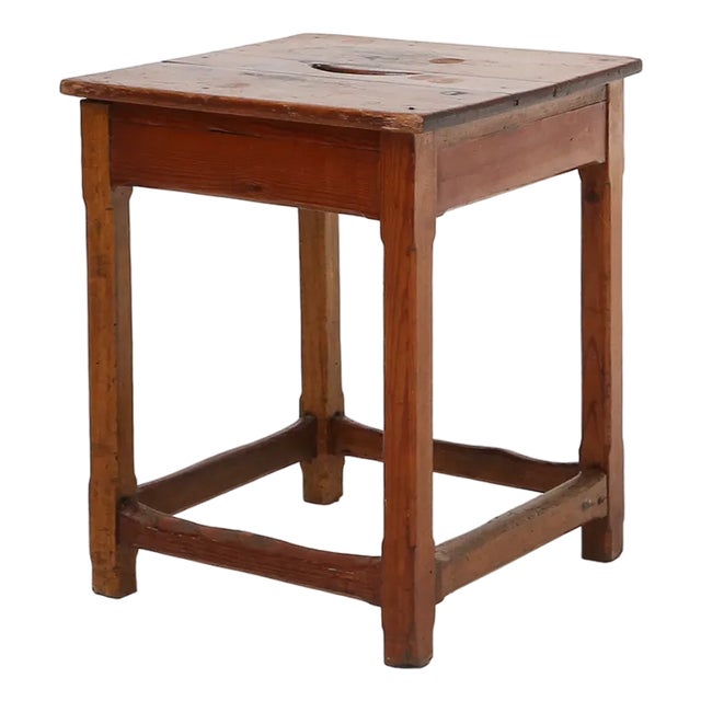 Industrial Square Wooden Stool with Handle, Belgium, 1920s For Sale