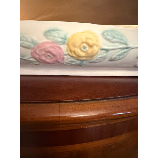 Ceramic 1940s Hull Pottery Open Rose / Camellia Console Bowl W/ Dove Handles "116-12" Art Deco - Rare For Sale - Image 7 of 15