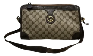 1970s Gucci Canvas and Leather Shoulder Bag With Gold Interlocking Gg Logo