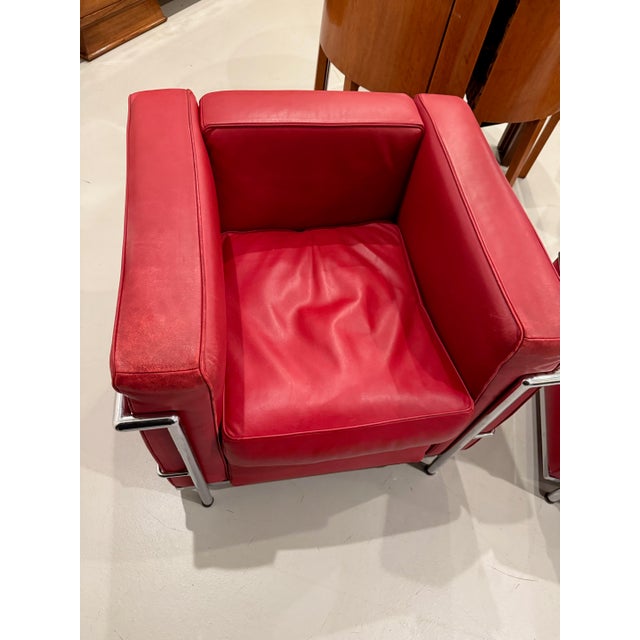 Pair Of. Chrome and Red Leather Club Chair in the Style of Le Corbusier For Sale - Image 12 of 13