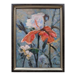 Original Framed Textured Red White Flowers Lilies Painting on Canvas. For Sale