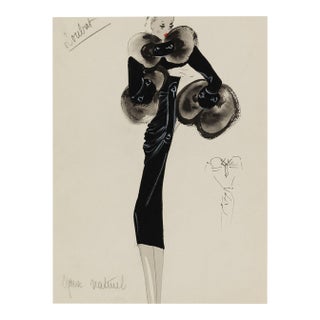 Vintage French Fashion Art Print – Black Coat With Statement Fur Trim, 24" X 32" For Sale