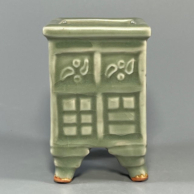 Chinese Vintage Green Celadon Square Four‑Footed Censer With Relief Decoration For Sale - Image 6 of 6