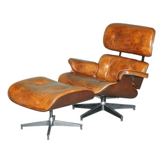 Set of Brown Leather Lounge Armchair and Ottoman with Bentwood Frame from Artsome For Sale