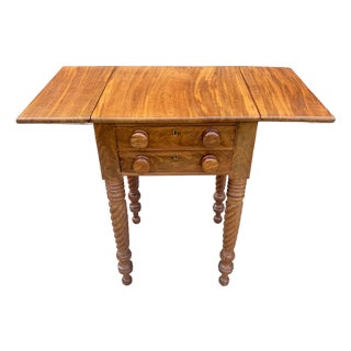 Antique Flame Mahogany Drop-Leaf Work Table With Rope Twist Legs, C. 1840-1860 For Sale