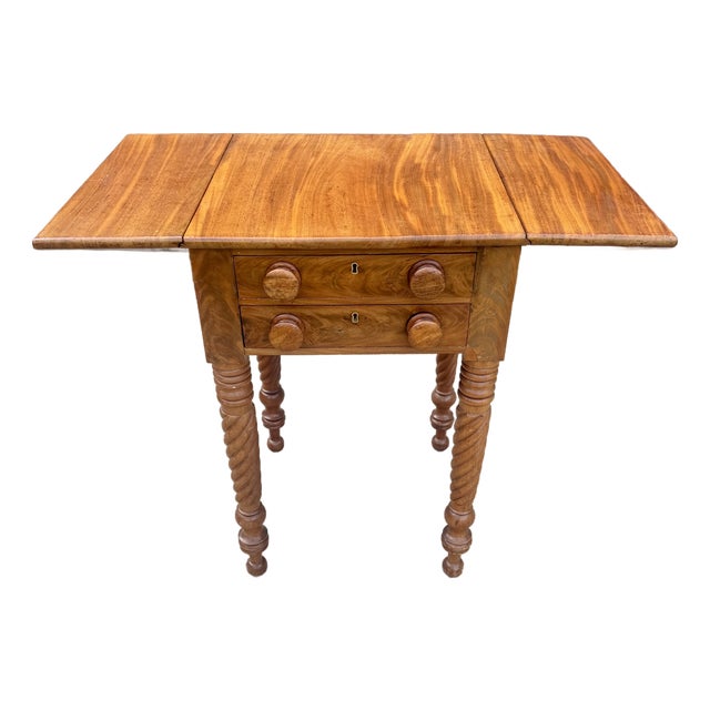 Antique Flame Mahogany Drop-Leaf Work Table With Rope Twist Legs, C. 1840-1860 For Sale