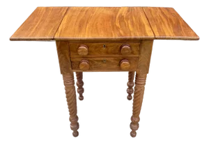 Antique Flame Mahogany Drop-Leaf Work Table With Rope Twist Legs, C. 1840-1860