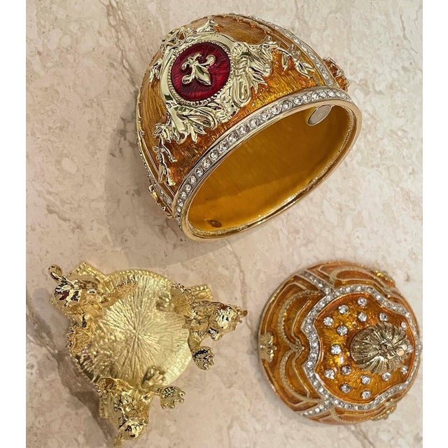 Metal Pierre Lorren Handmade Faberge Egg Style Trinket Fabergé Egg Style Austrian Crystal Diamond Pure Gold Deco Hand Painted 5 Star Egg & Handmade Bracelet For Sale - Image 7 of 9