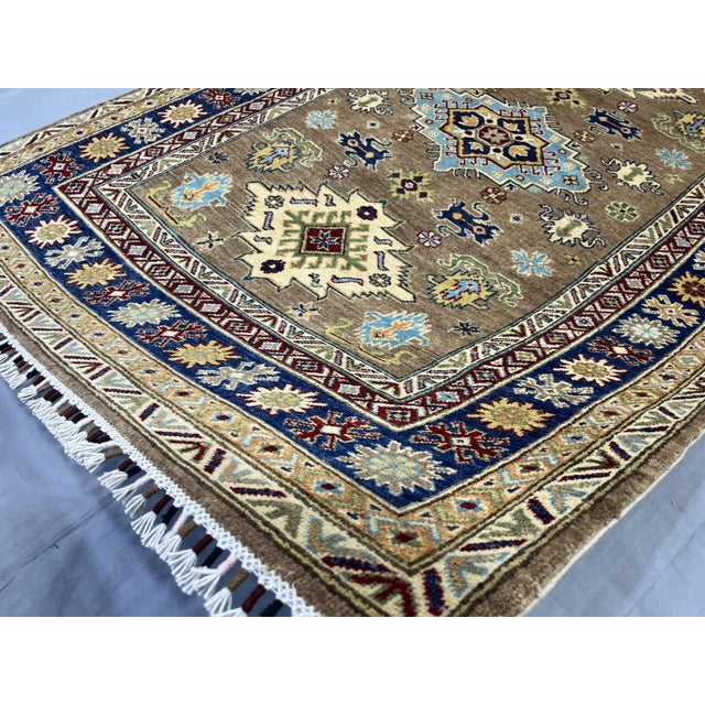 Brown and Navy Kazak Style Tribal Area Rug With Medallions, 5' X 7'7" For Sale - Image 14 of 15