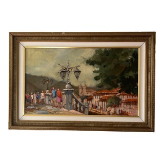 20th Century European School Oil on Canvas Framed Signed Urban Terrace Scene For Sale