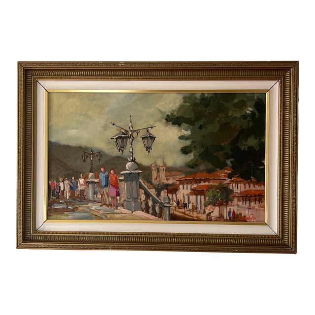 20th Century European School Oil on Canvas Framed Signed Urban Terrace Scene For Sale