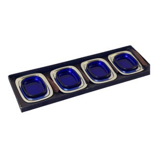 Vintage Lundtofte Denmark Stainless Steel & Cobalt Blue Glass Condiment Set in Original Box 1960s For Sale