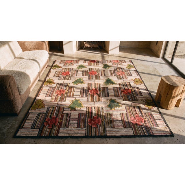 Textile 1920s Multicolor Floral Folk Art Antique American Hooked Rug 5'10" X 11'10" Handknotted Wool Carpet For Sale - Image 7 of 9