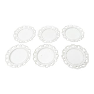 1950's Mid-Century Modern Anchor Hocking Lace Edge Milk Glass Plates - 6 Pieces For Sale