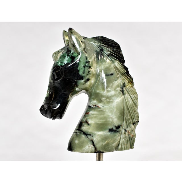 Gemstone Emerald Horse Bust Sculpture Olive Black Hand Carved For Sale - Image 9 of 11