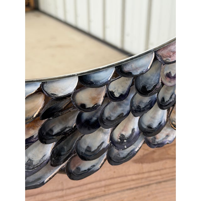 Handmade Coastal Mussel & Cowrie Shell Layered Round Mirror For Sale - Image 9 of 12