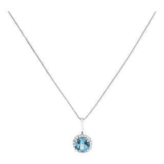 10K White Gold Blue Topaz and 1/10 Cttw Diamond Accent Halo Pendant Necklace For Sale