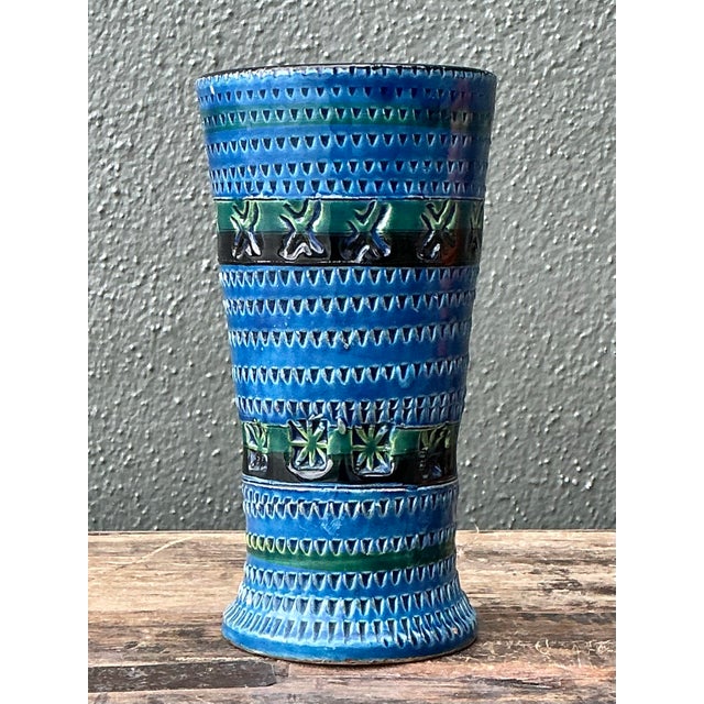 Cerulean Vintage MCM Original Studio Pottery Engraved Vase For Sale - Image 8 of 11