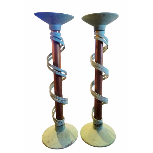 Mid-Century Modern Antique Brutalist Copper Brass Verdigris Cylindrical Candle Stick Holder a Pair For Sale - Image 3 of 8