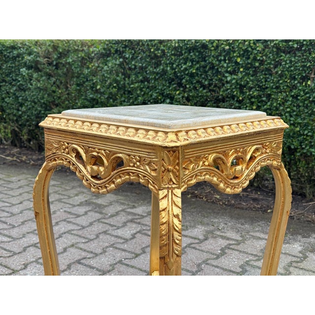 1970 French Louis XVI Gold Beech Marble Side Tables - Pair of 2 PCS For Sale - Image 10 of 11