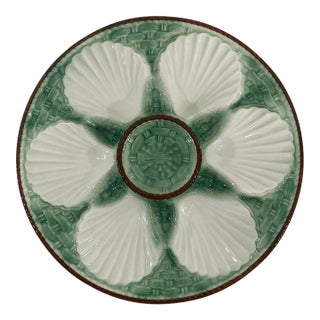 1930s French Longchamp Green and White Majolica Oyster Plate For Sale