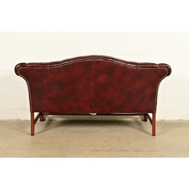 Hancock and Moore Style Vintage Chippendale Tufted Oxblood Leather Camelback Chesterfield Sofa, Circa 1980s For Sale - Image 12 of 14
