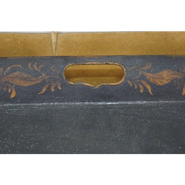 Black Antique Rectangular Painted Floral Toleware Tray Serving Platter With Handles For Sale - Image 8 of 12