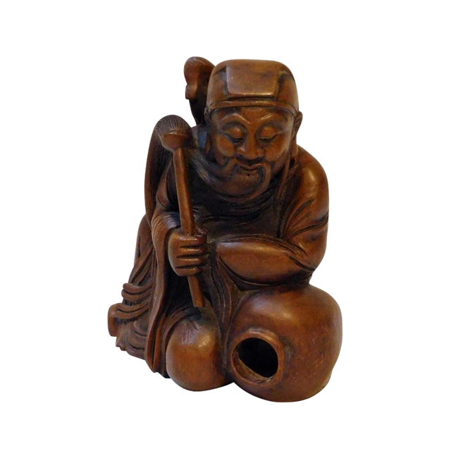 Vintage Carved Solid Wood Chinese Eight Immortals L� Dongbin With Whip & Sword Statue For Sale