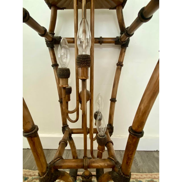Vintage Mid-Century Faux Bamboo & Rattan Pagoda Hanging Lantern Pendant Chandelier For Sale - Image 4 of 8