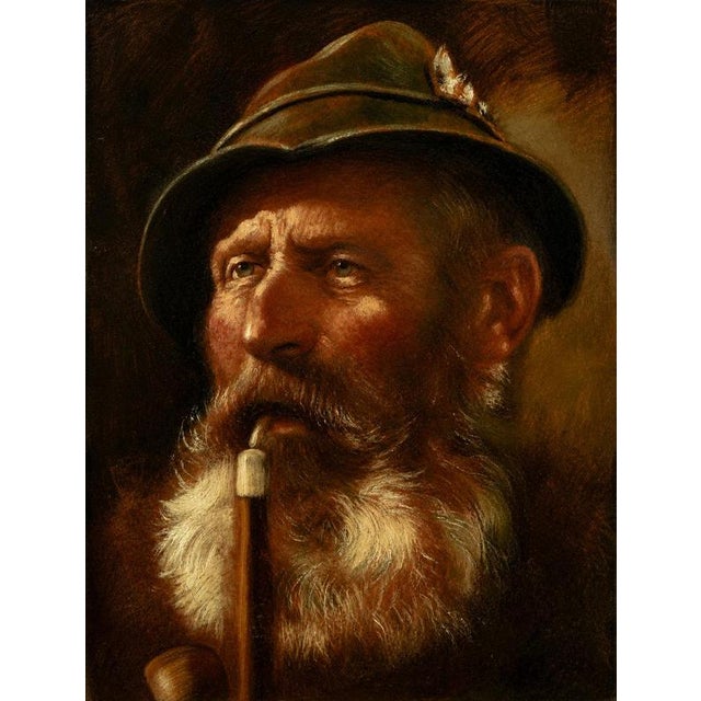 A characterful german oil painting by bernd funke, depicting an elderly gentleman wearing a traditional green hat and...
