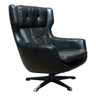 Vintage Black Leather Swivel Chair by H.W. Klein for Bramin Møbler, 1970s For Sale