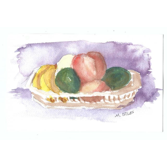 Banana, peaches and avocado still life watercolor by Deerfield Valley Art Association artist Martha Luey Stiles (born...