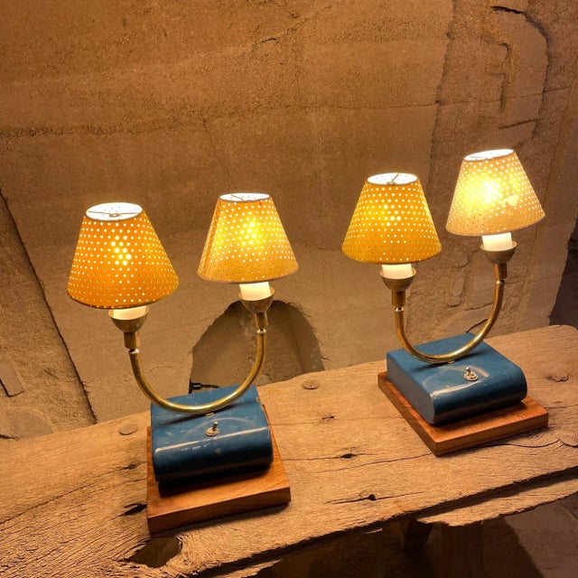 Wood 1950s French Table Lamps Blue White & Yellow France For Sale - Image 7 of 10