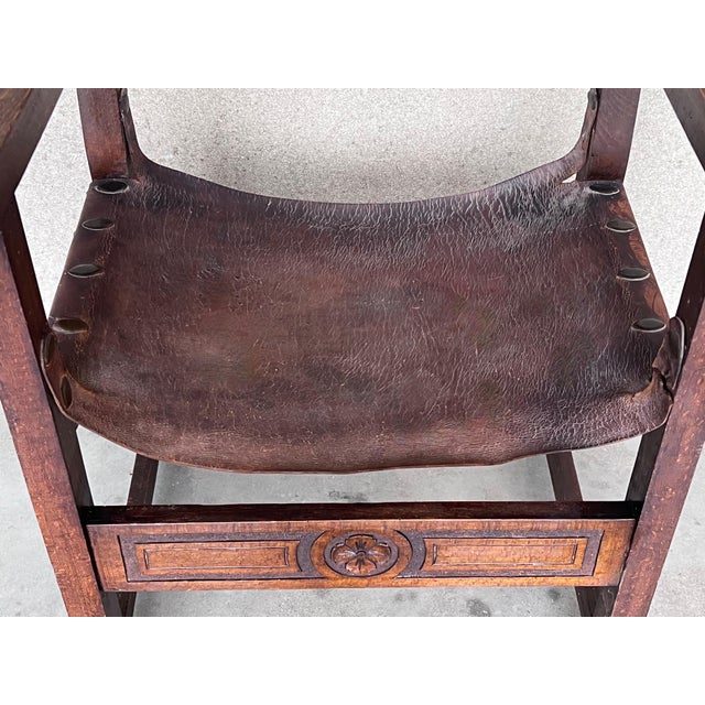 Pair of 19th Century Spanish Colonial Style Carved Armchairs with Leather For Sale - Image 14 of 18